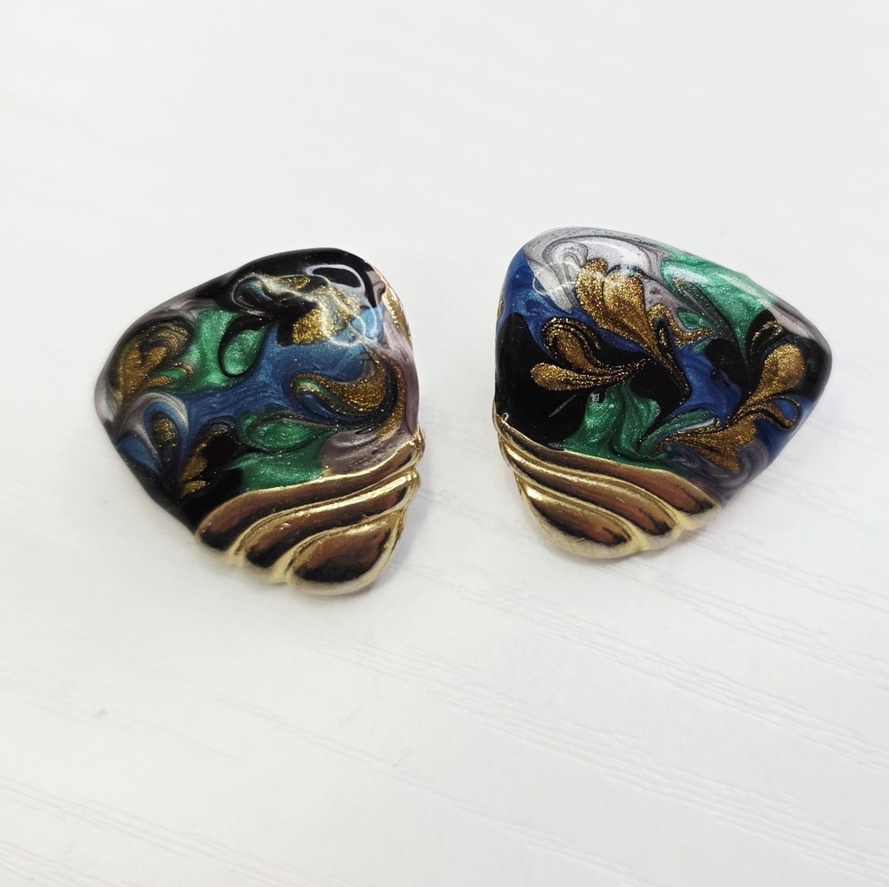 Vintage Gold-Accented Multicolor Floral Enamel Clip Earrings